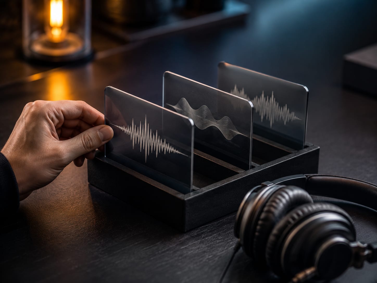 A hand selects waveform sample cards from a tray beside studio headphones
