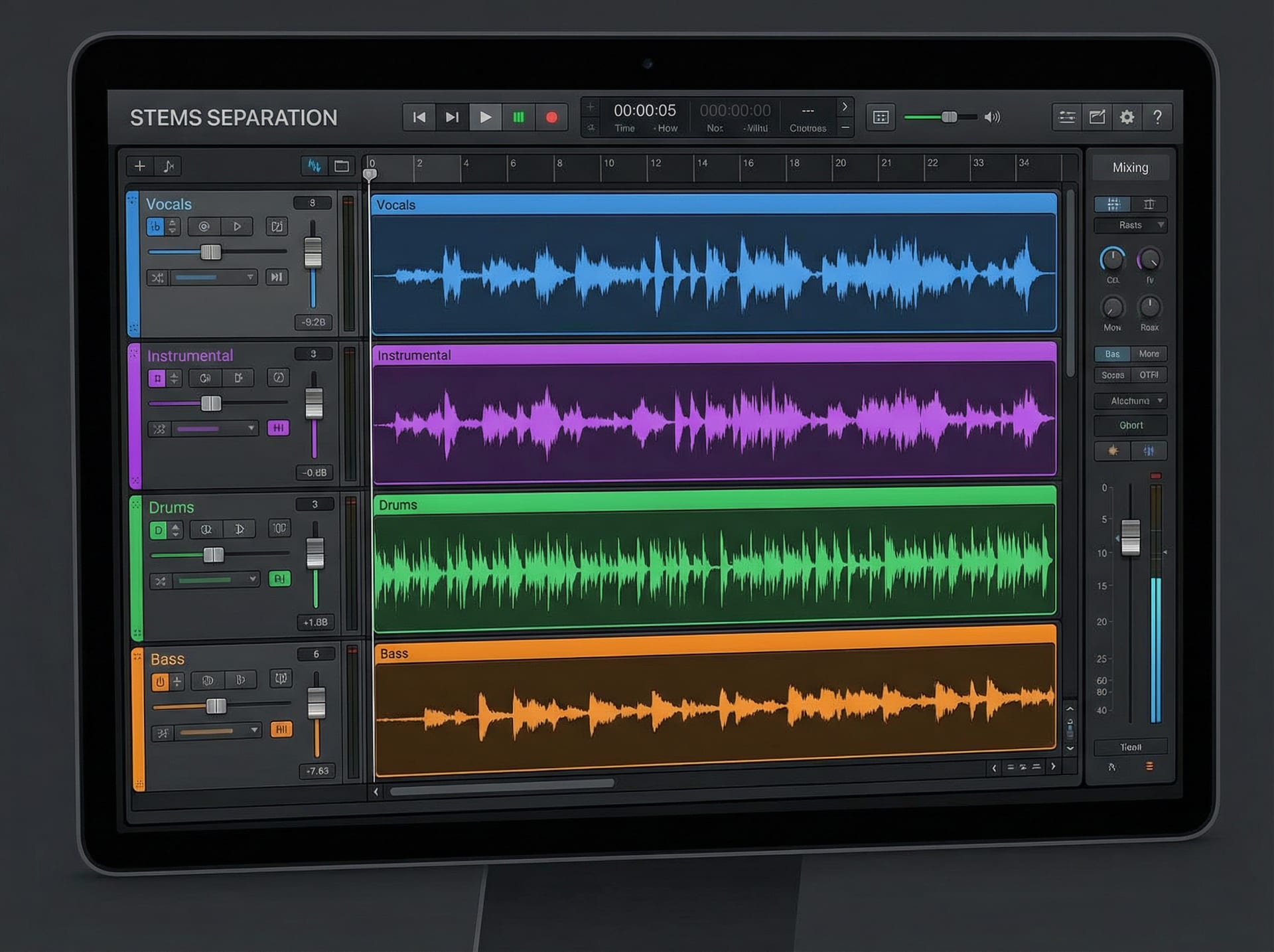 AI music waveform split into vocal, instrumental, drum, bass, and other stems