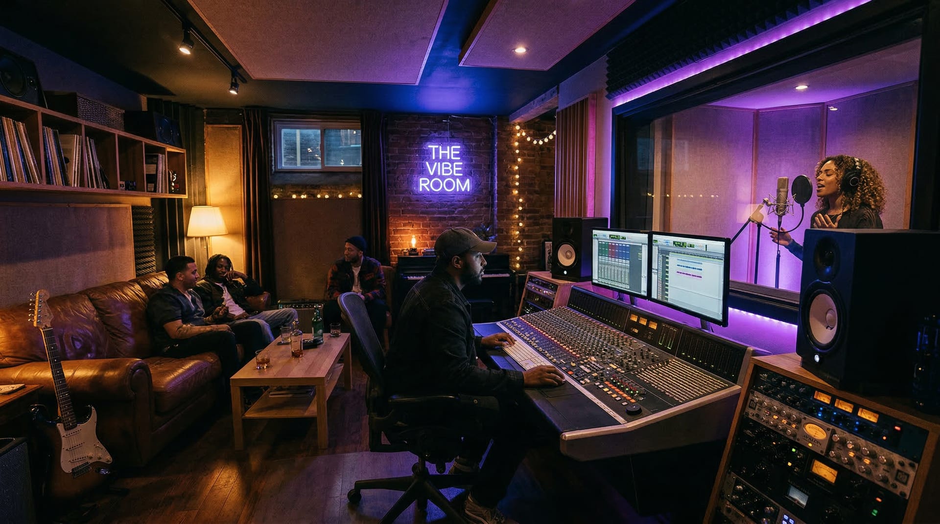 Studio di registrazione urbano poco illuminato con luce ambientale calda e setup per registrazione vocale R&B