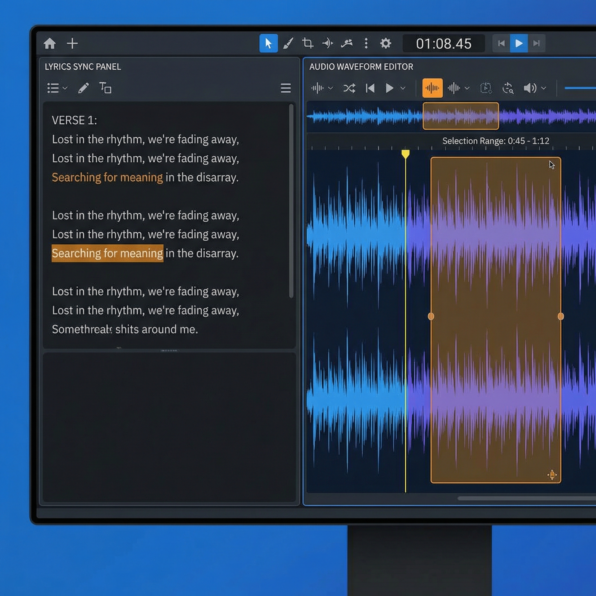 Interface showing both lyric panel and waveform selection tools