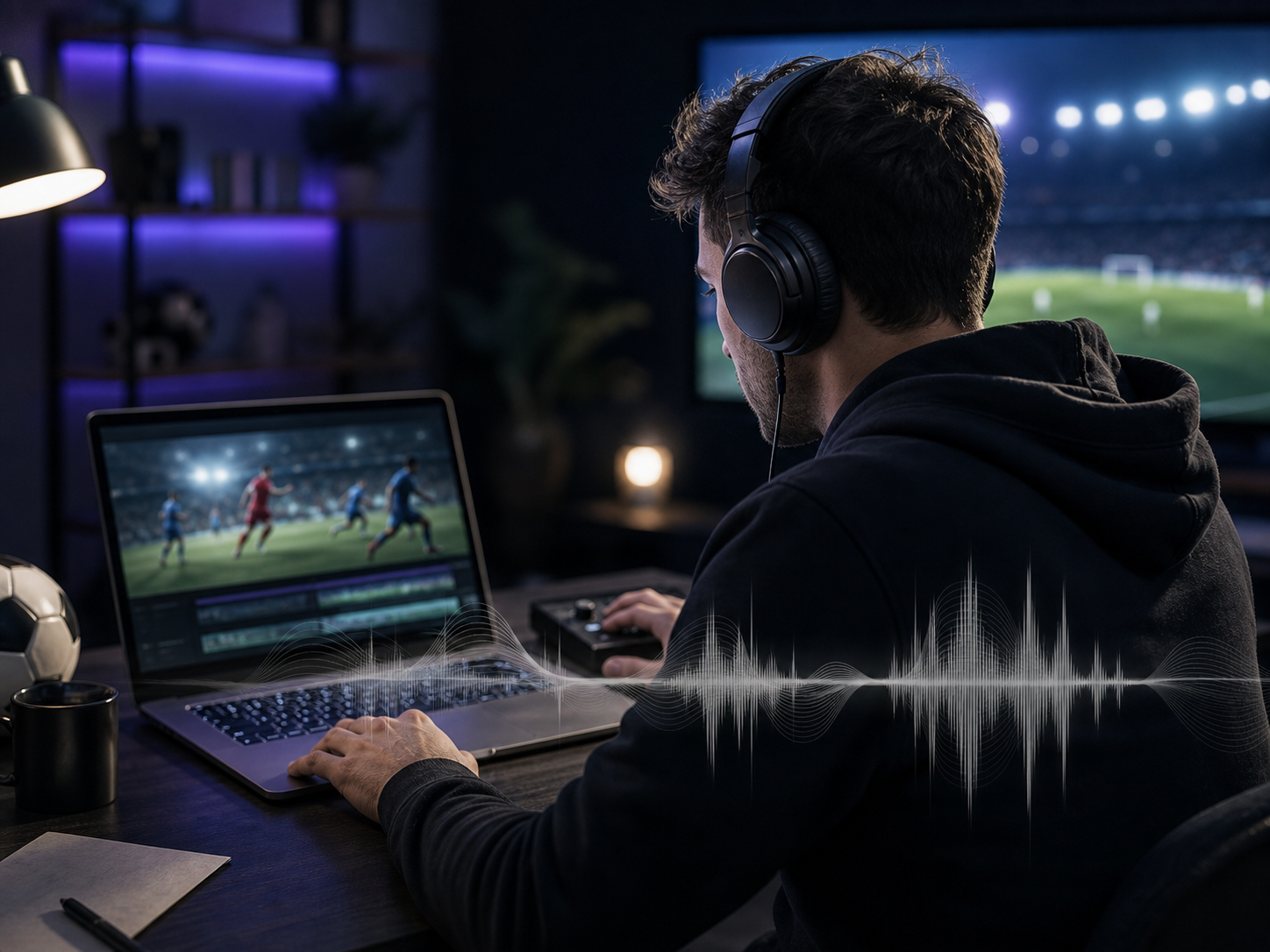 A content creator at a desk editing a football highlight video on a laptop, stadium footage and a glowing audio waveform on screen, headphones on, warm night lighting with neon-blue accents