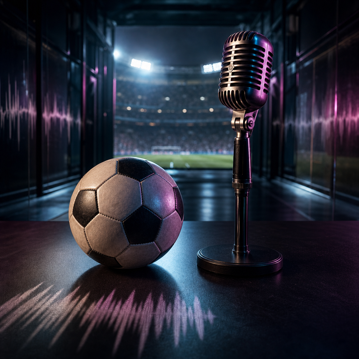 A football and a vintage stage microphone resting in a floodlit stadium tunnel, a glowing audio-waveform of light tracing the walls, cinematic night atmosphere in electric blue and floodlight gold, no logos