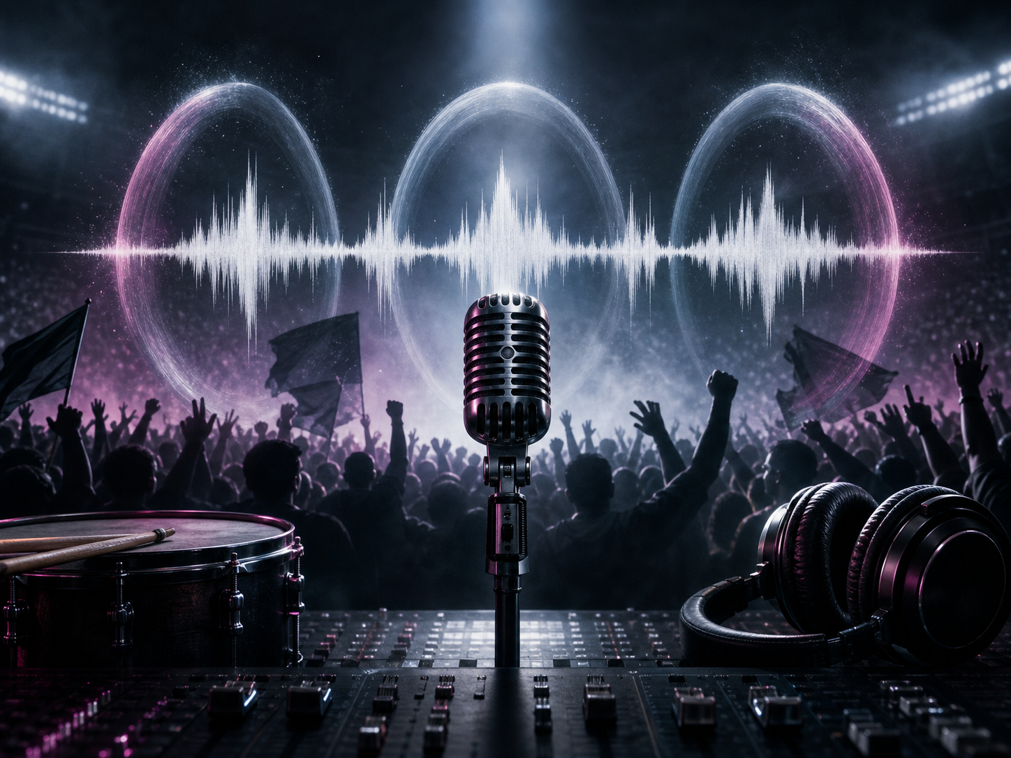 A bright glowing audio waveform stretching across the frame with a silhouetted crowd of cheering fans behind it, floodlit stadium haze, neon-stadium palette of blue, magenta and gold
