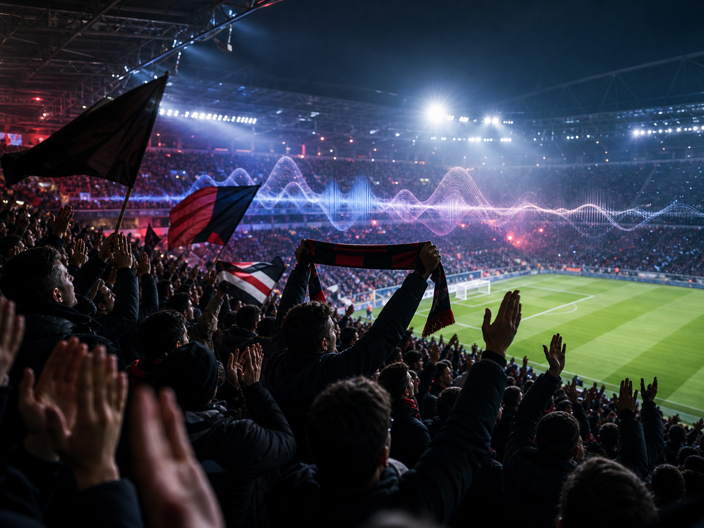 A packed stadium terrace of supporters mid-chant, arms raised and clapping in unison, generic scarves and banners waving under night floodlights, vibrant neon-stadium color, no club logos