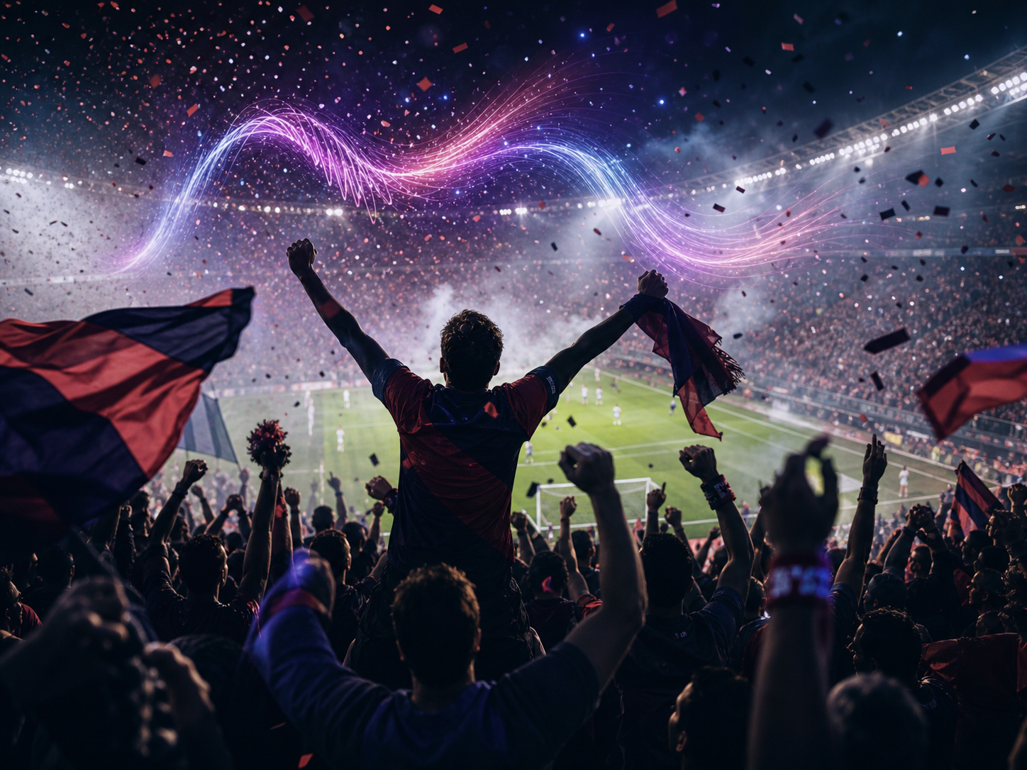 Jubilant football fans erupting at a last-minute goal, jumping with confetti and streamers in generic team colors, a floodlit stadium behind them, euphoric neon-carnival mood, no logos