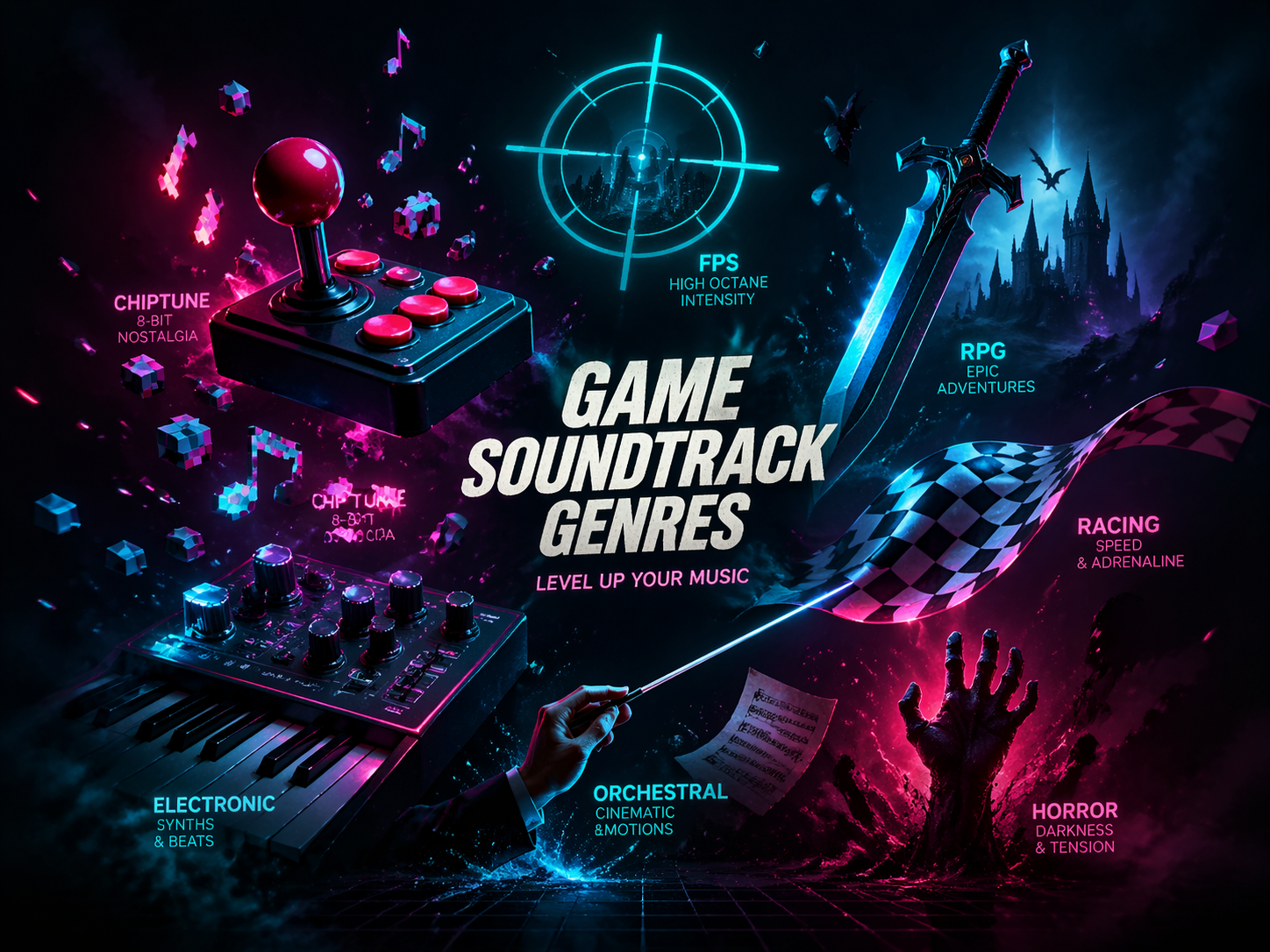 Game UI showing music genre selector with multiple gaming categories highlighted