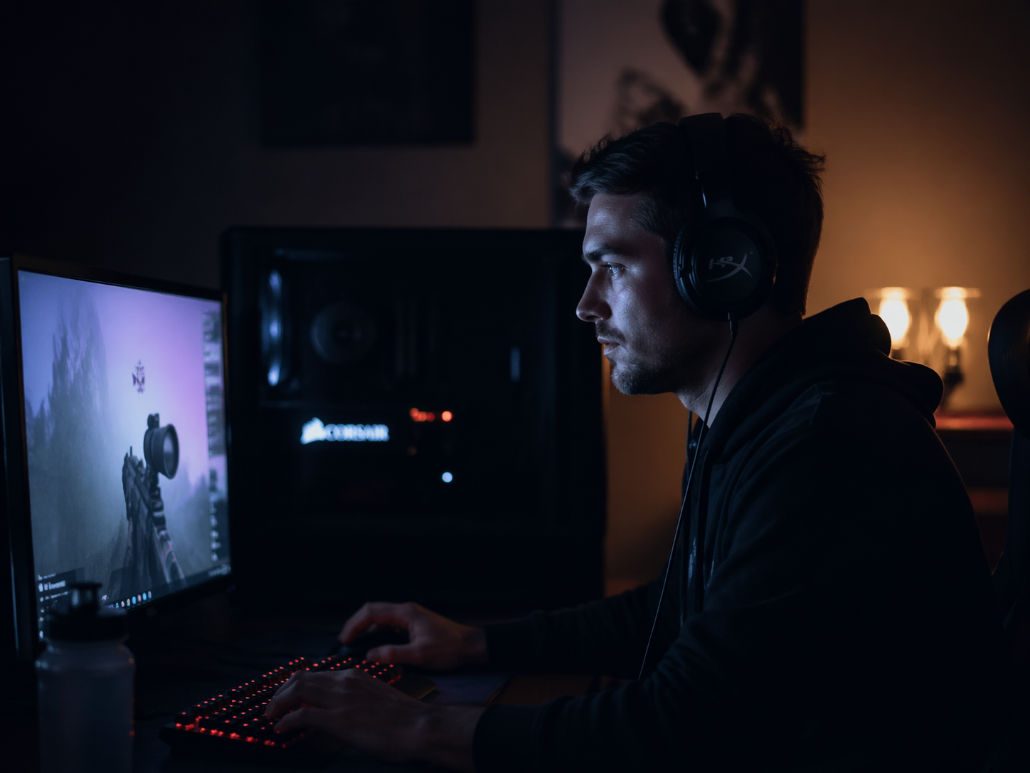 Gamer in dim room playing late-night session with headphones and ambient screen glow