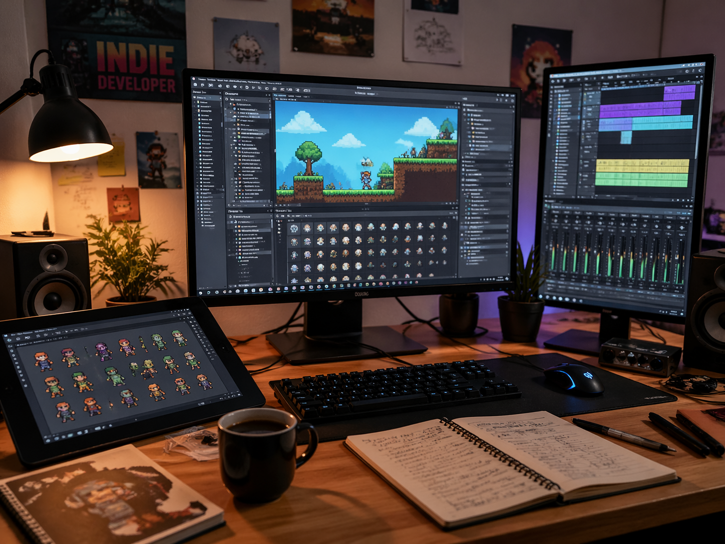 Indie developer workstation with game design tools, sprite sheets, and audio production software open
