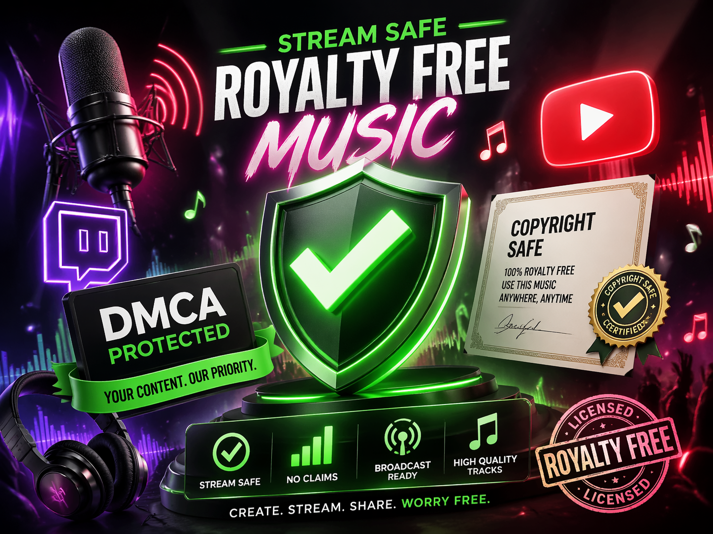 Live streaming dashboard showing royalty-free music status indicator and clean copyright report