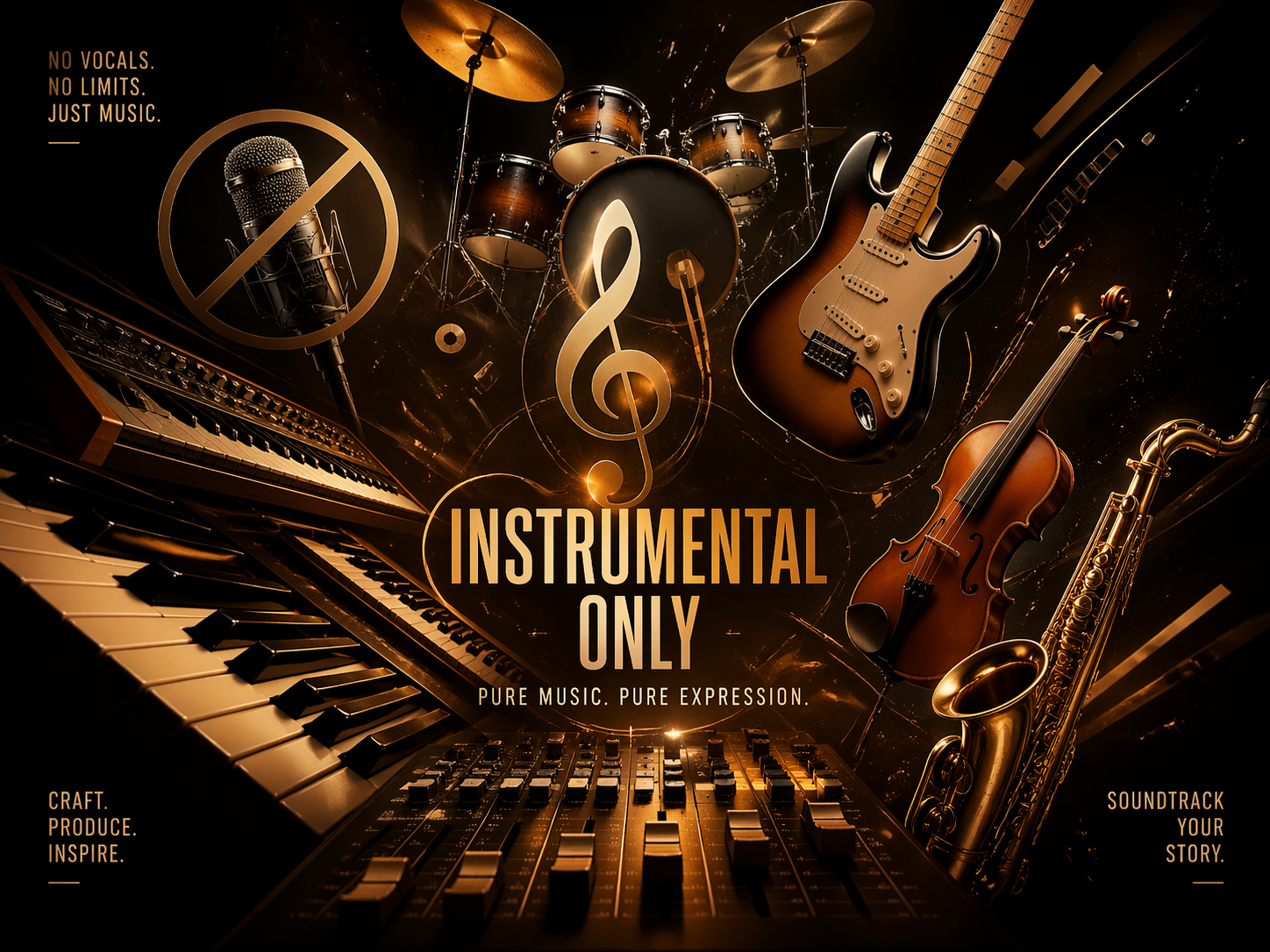 Mixing console showing instrumental tracks layered for gaming use, no vocal channel active