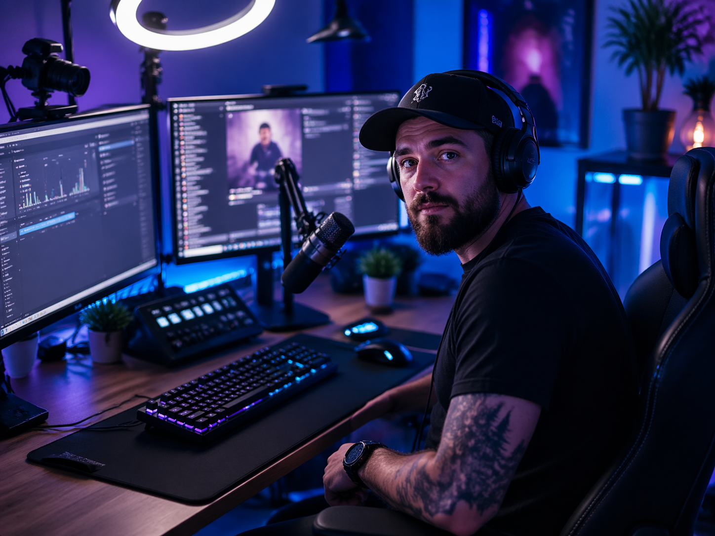 Twitch streamer at desk with multiple monitors, ring light, and gaming peripherals