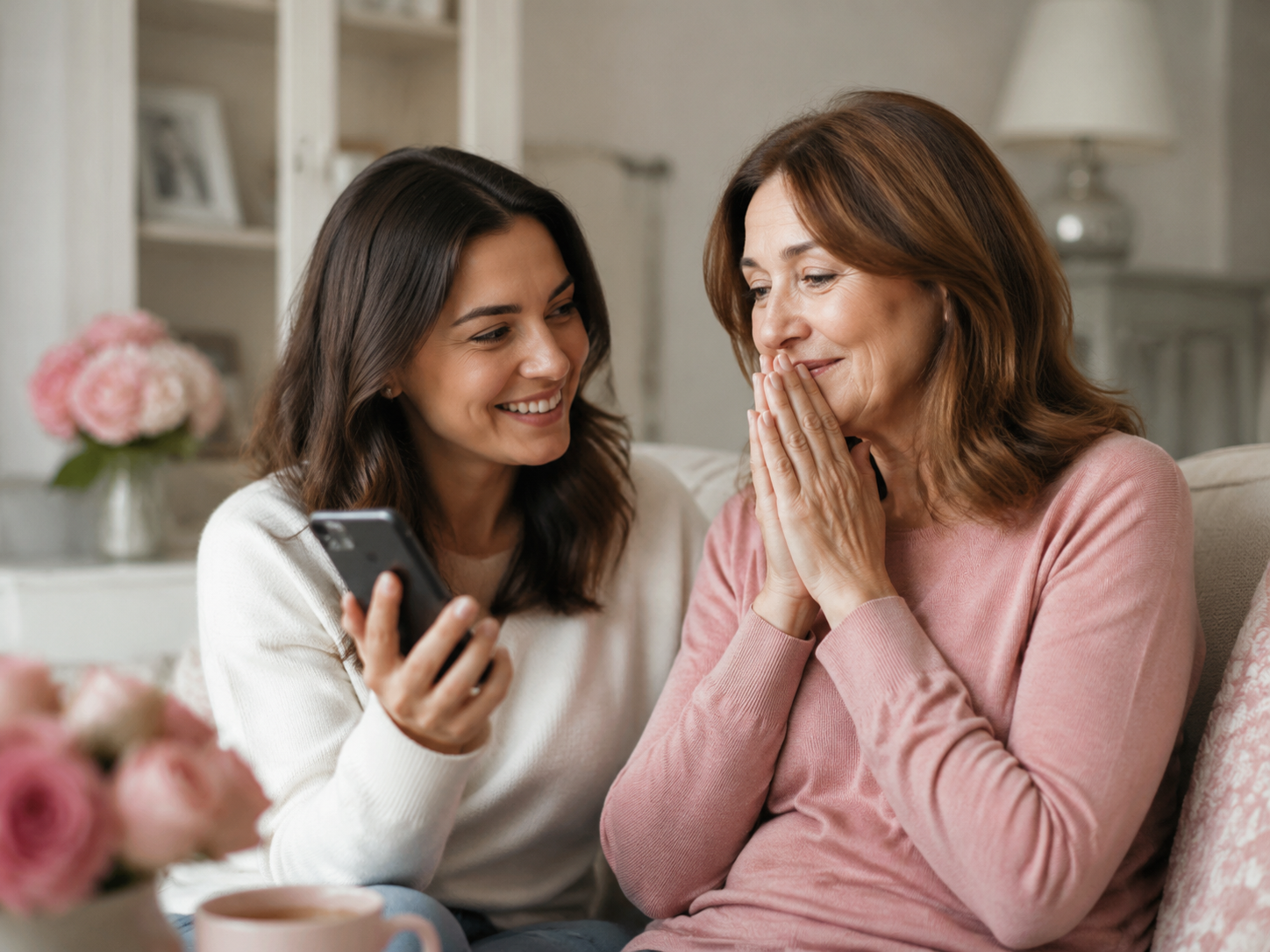 Adult child playing a Mother's Day custom song on phone for mother who is listening with hands clasped
