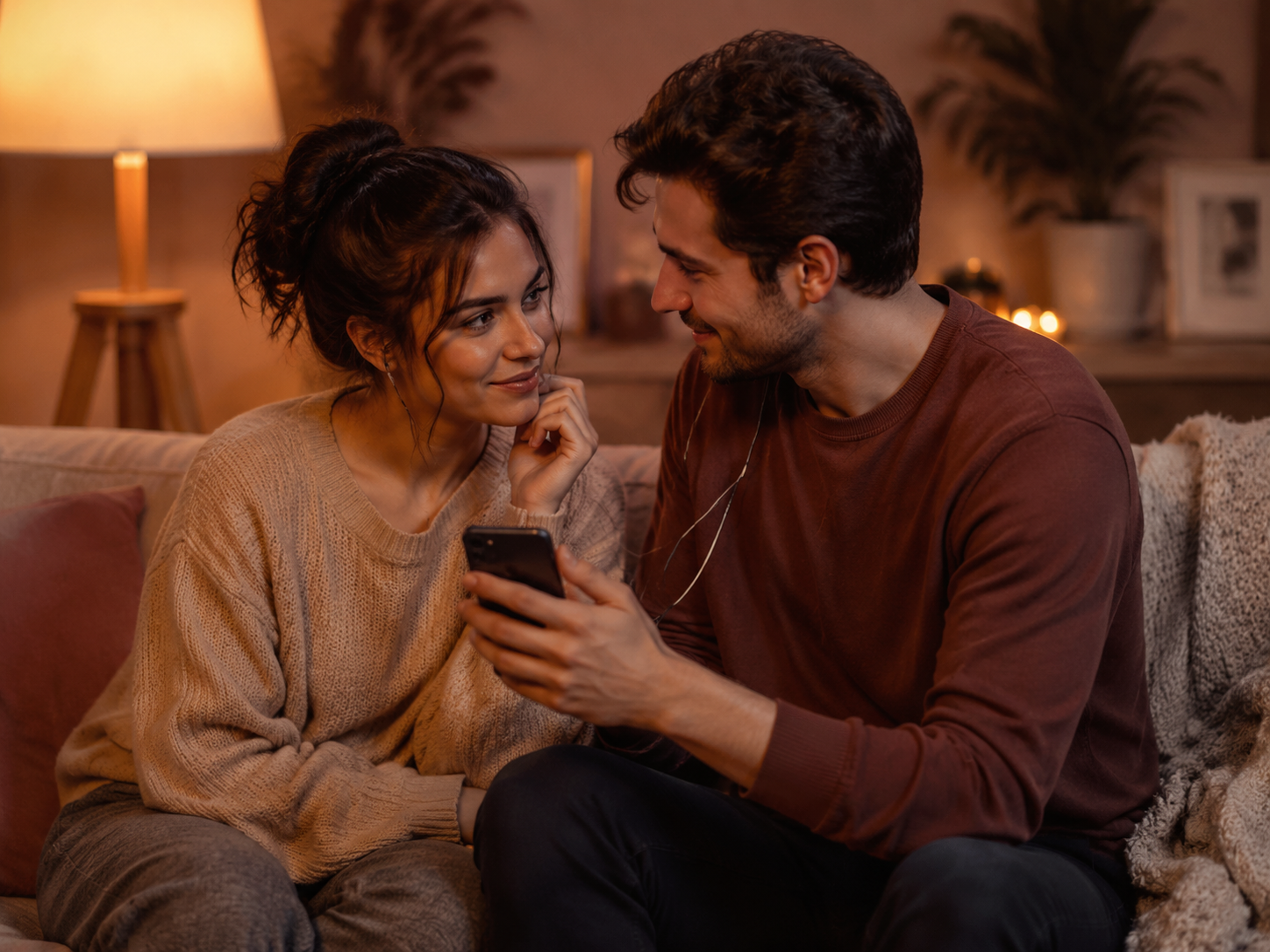 Couple making up after a small argument with one playing a personalized apology song on a phone