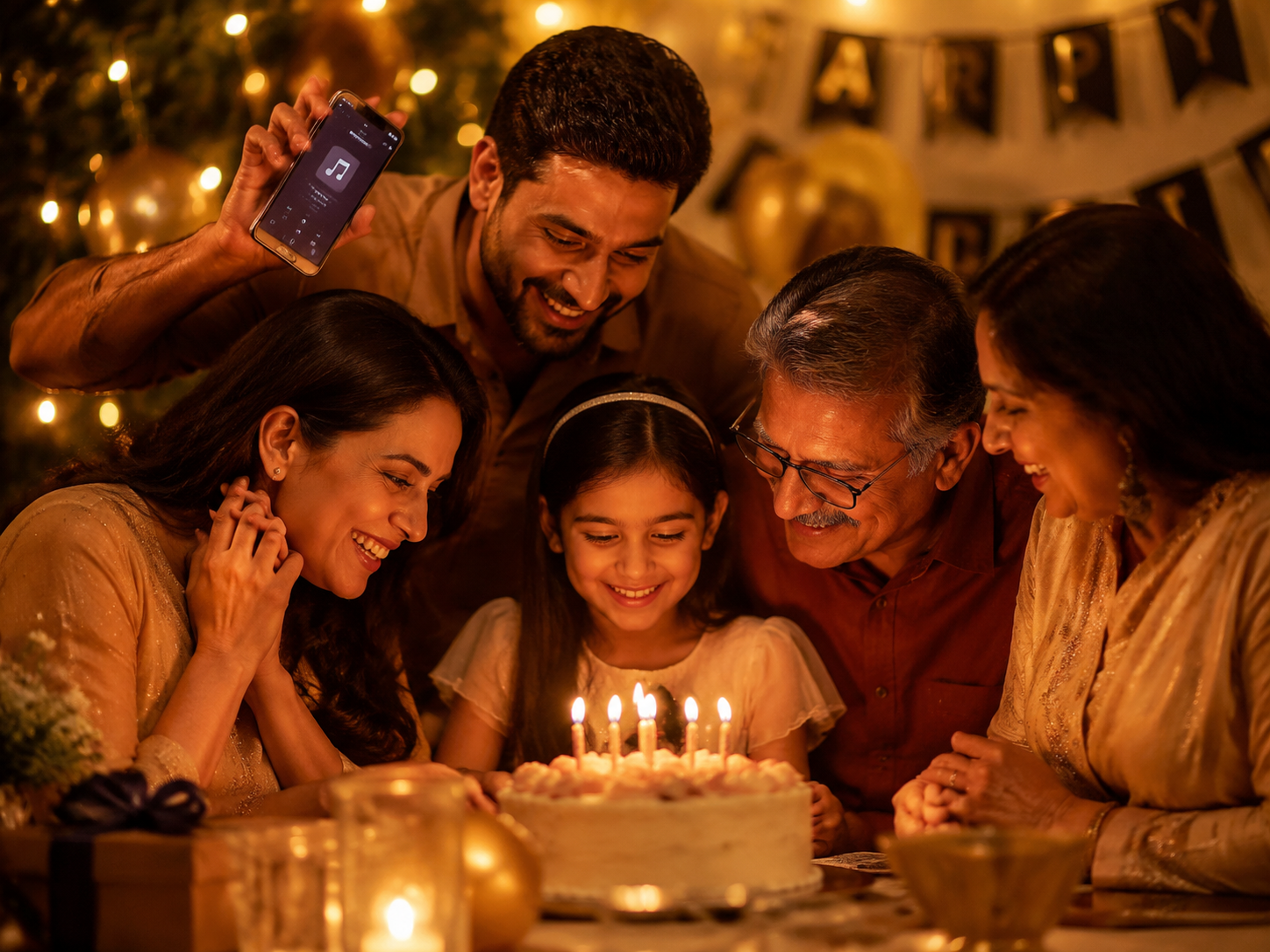 Family gathered around a birthday cake while a custom song plays from a phone speaker