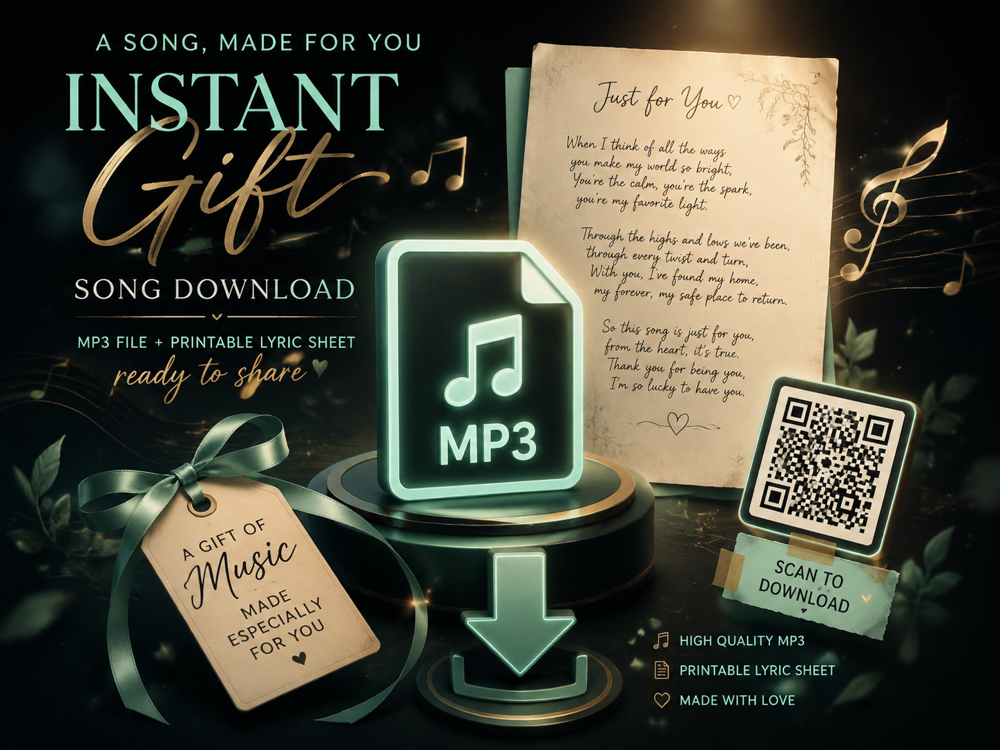 Phone screen showing a downloaded gift-song MP3 next to a printable lyric sheet on a desk