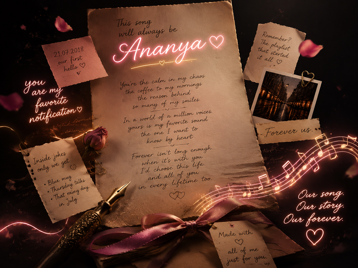 Lyric sheet on screen showing personalized verses with the recipient's name highlighted