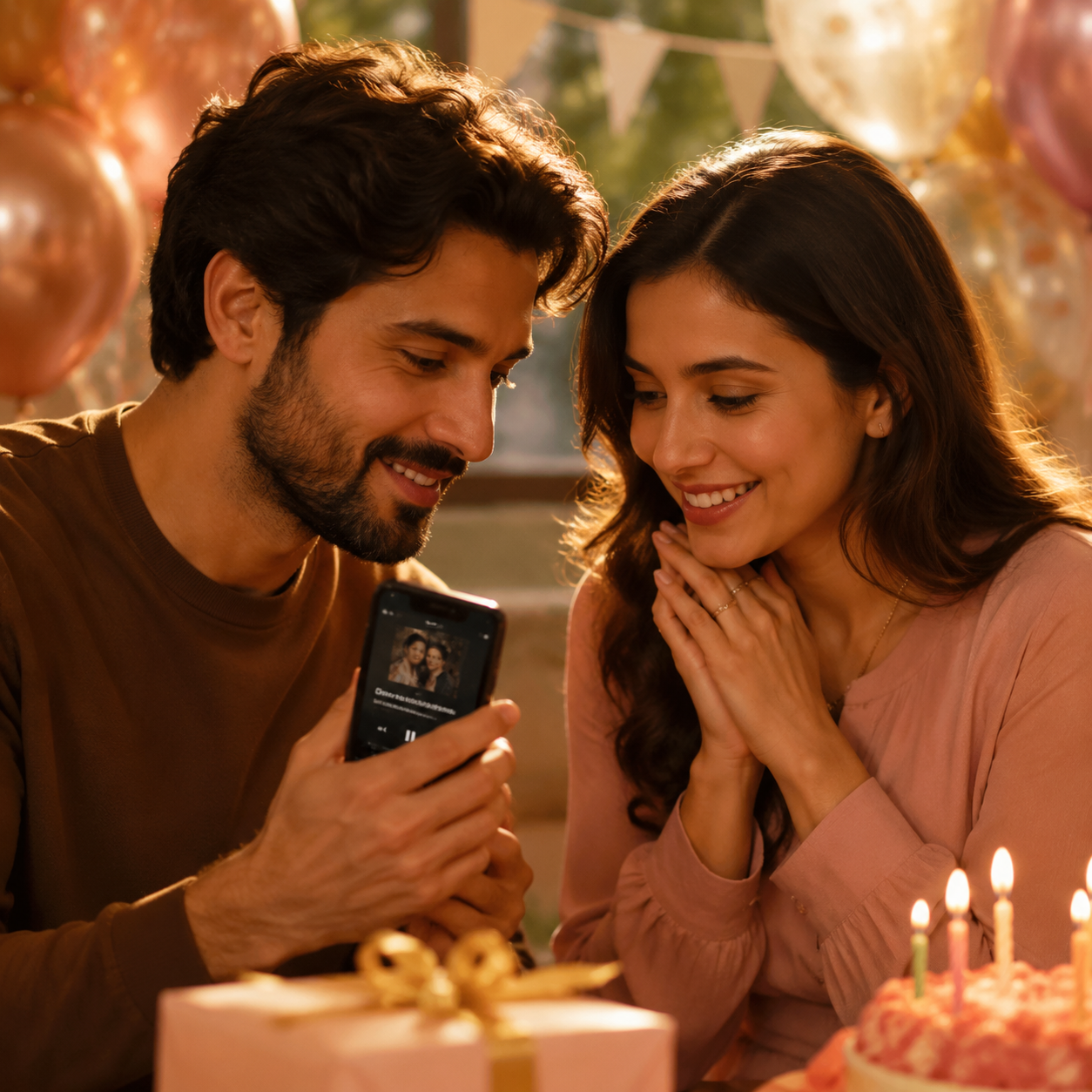 Person handing a phone with a custom song playing as a birthday gift, recipient smiling with eyes welling up