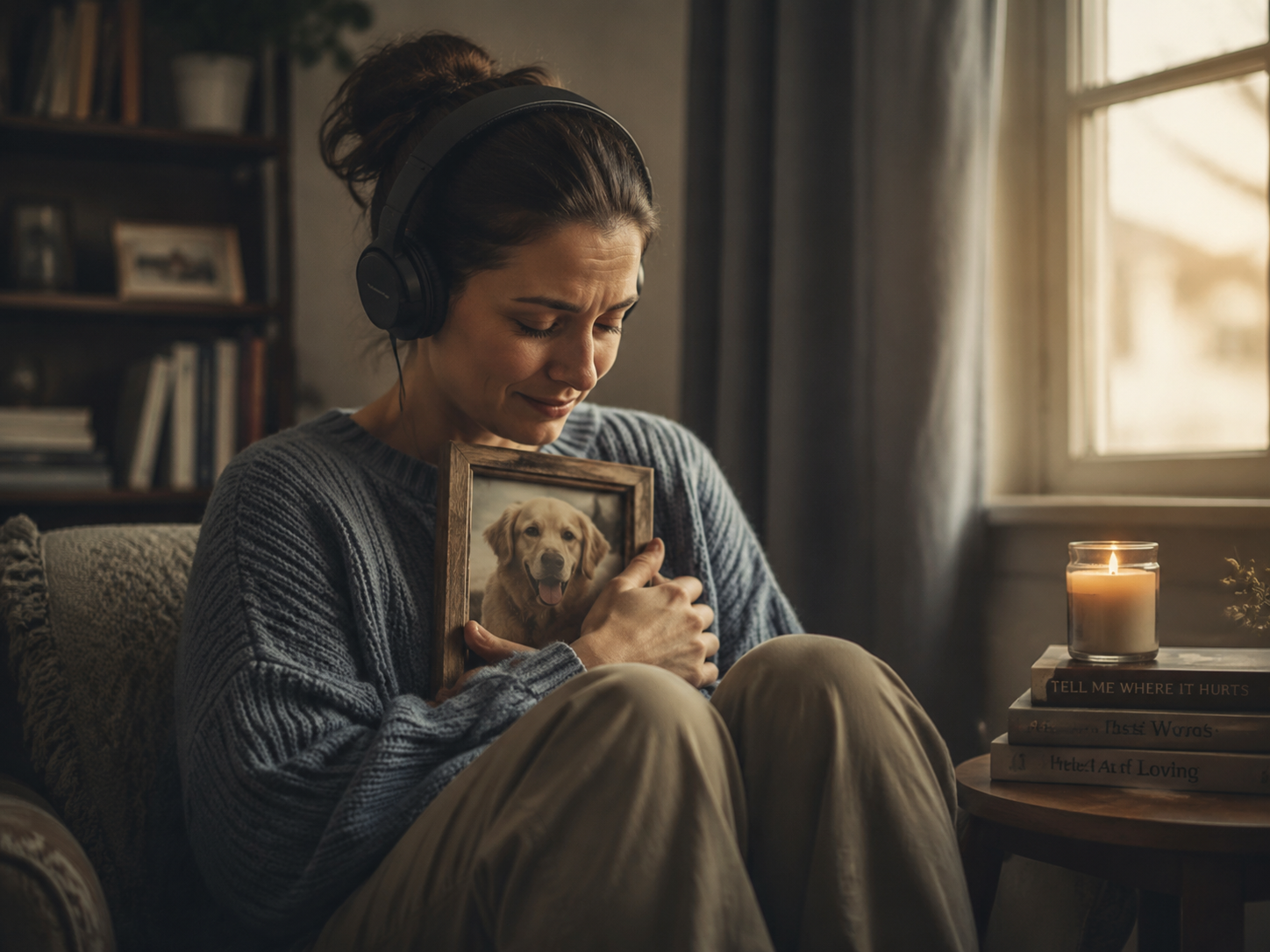 Person holding a framed pet photo while listening to a tribute song through headphones, soft afternoon light