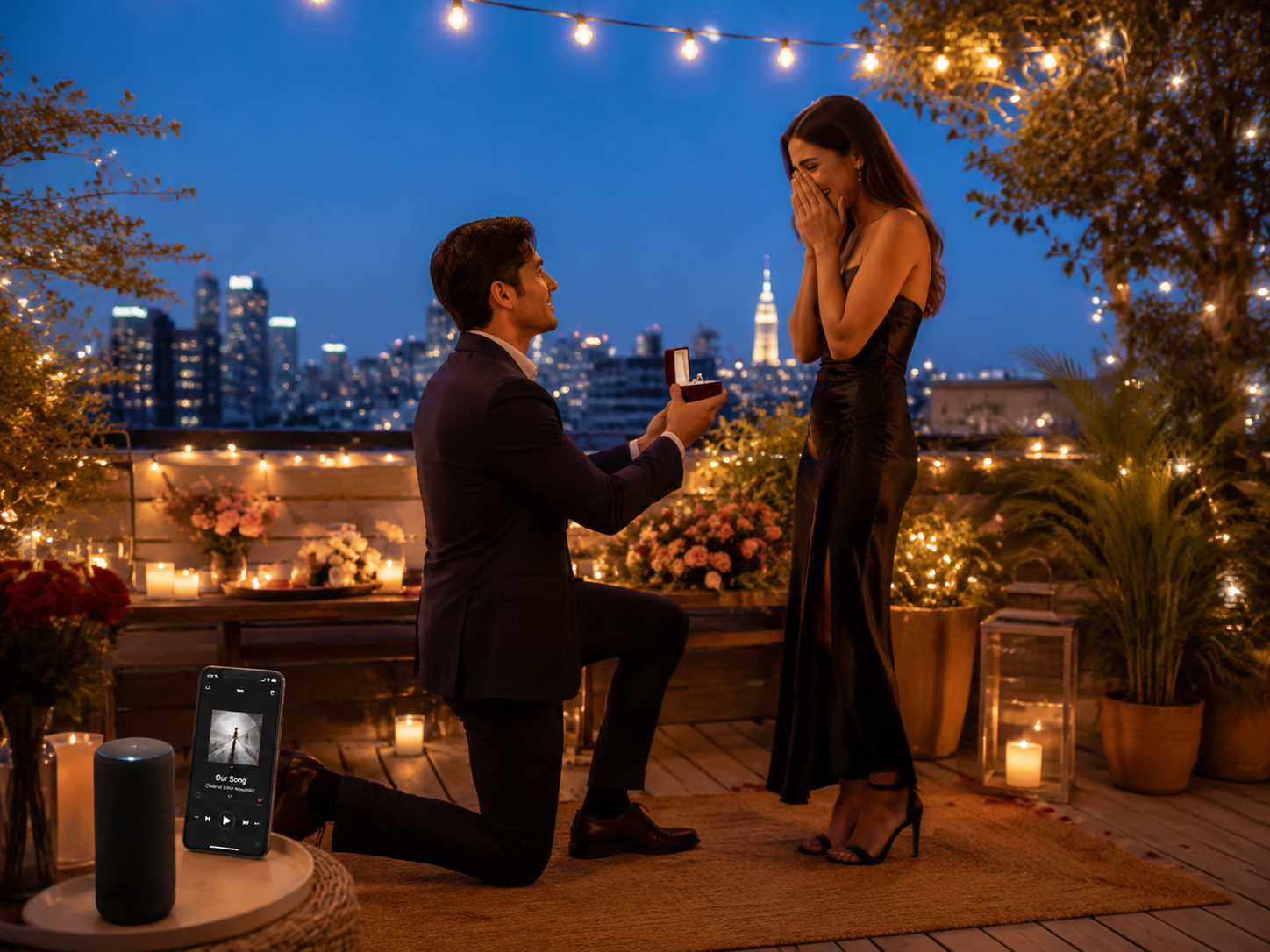 Man kneeling to propose with a string of lights and a phone playing a personalized song in the background