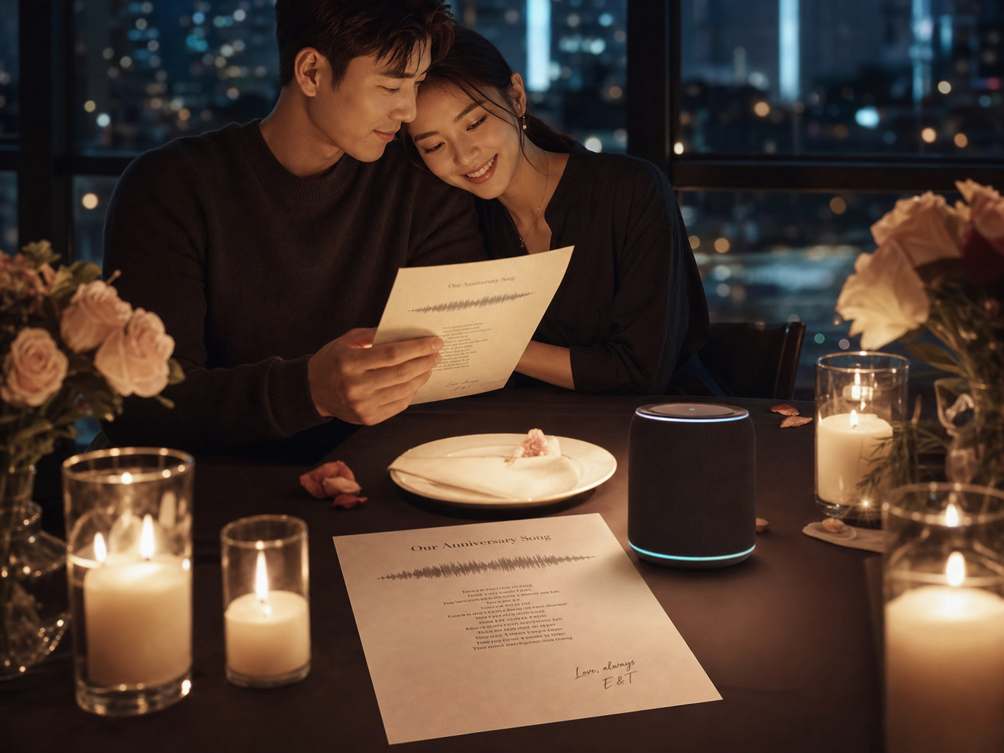 Couple listening to a personalized anniversary song beside candles, printed lyrics, and a small speaker
