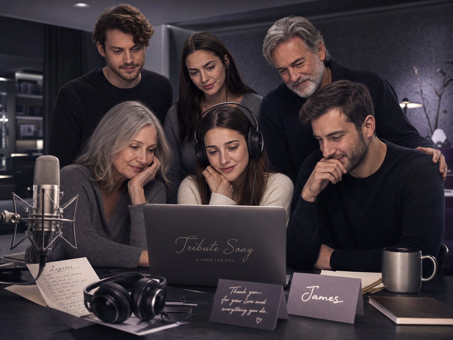 Family and coworkers gathered around a laptop listening to a personalized tribute song with lyric notes nearby