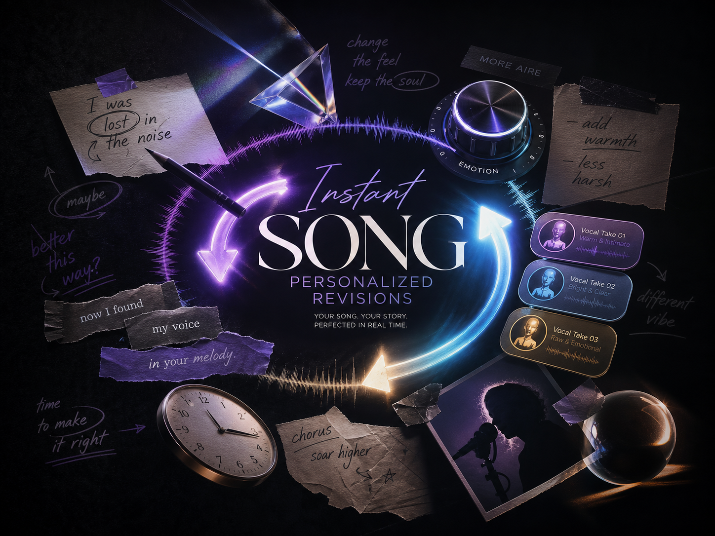 Conceptual audio waveform loop with lyric fragments, revision arrows, and glowing studio controls on a dark surface