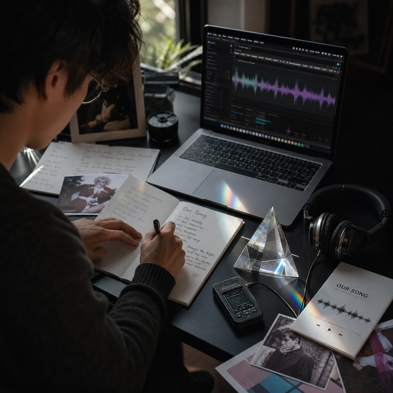 Person preparing a personalized song gift on a laptop with lyric notes, headphones, and printed memories on a dark desk