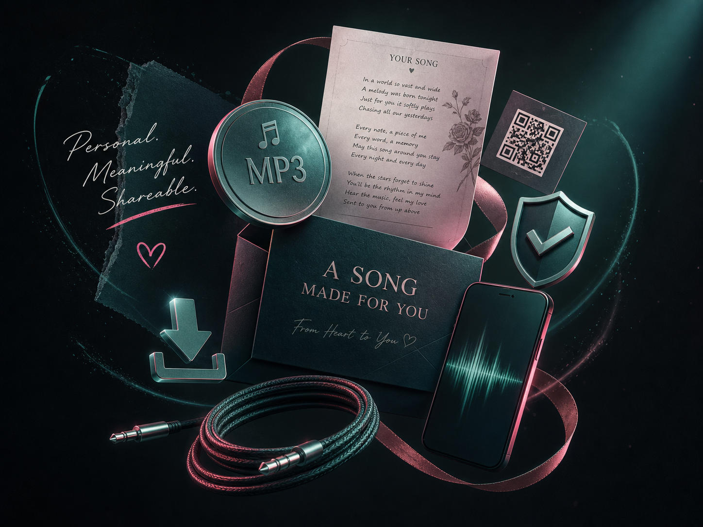 Phone showing a downloaded personalized song beside a printable lyric sheet and a small QR code card
