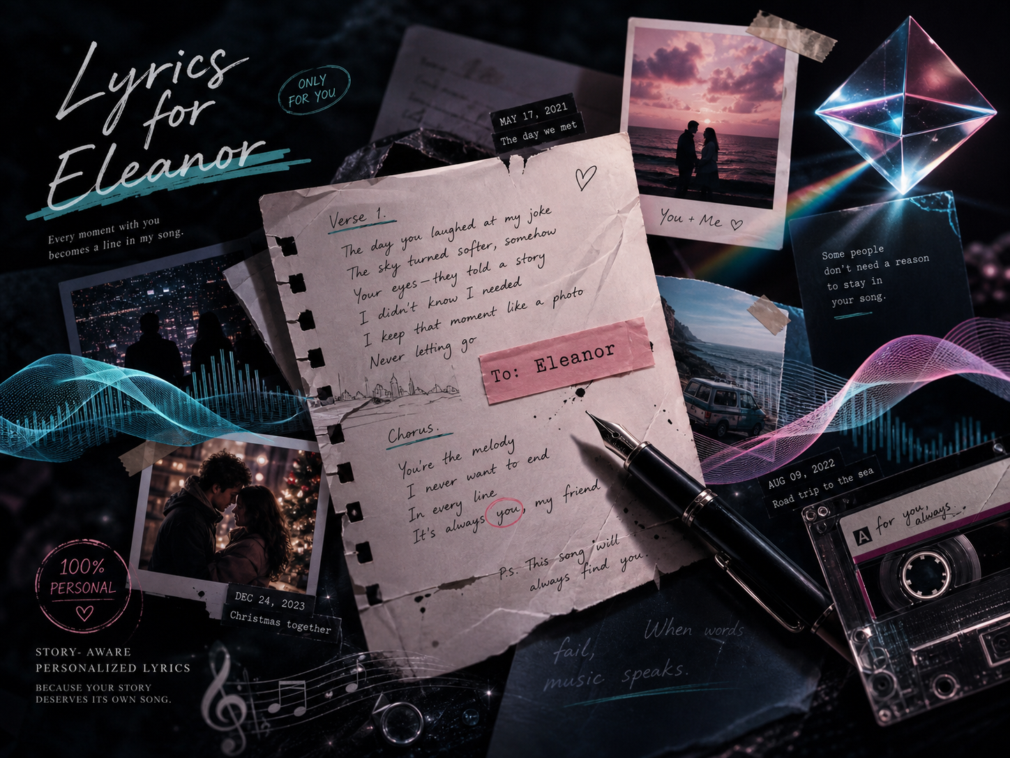 Lyric notebook and laptop screen showing highlighted names, memories, and personal details for an AI song
