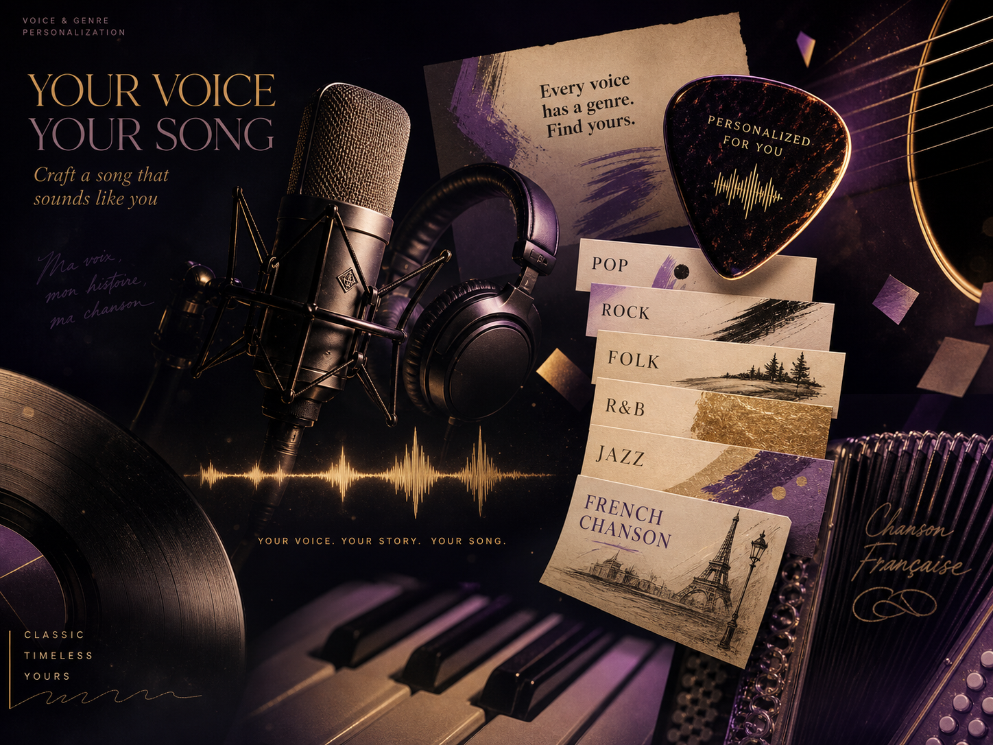 Studio microphone, headphones, and style cards for acoustic, pop, R&B, jazz, and French chanson vocals