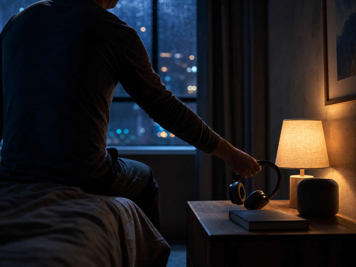 An adult placing headphones beside a book and warm bedside lamp during a nighttime wind-down