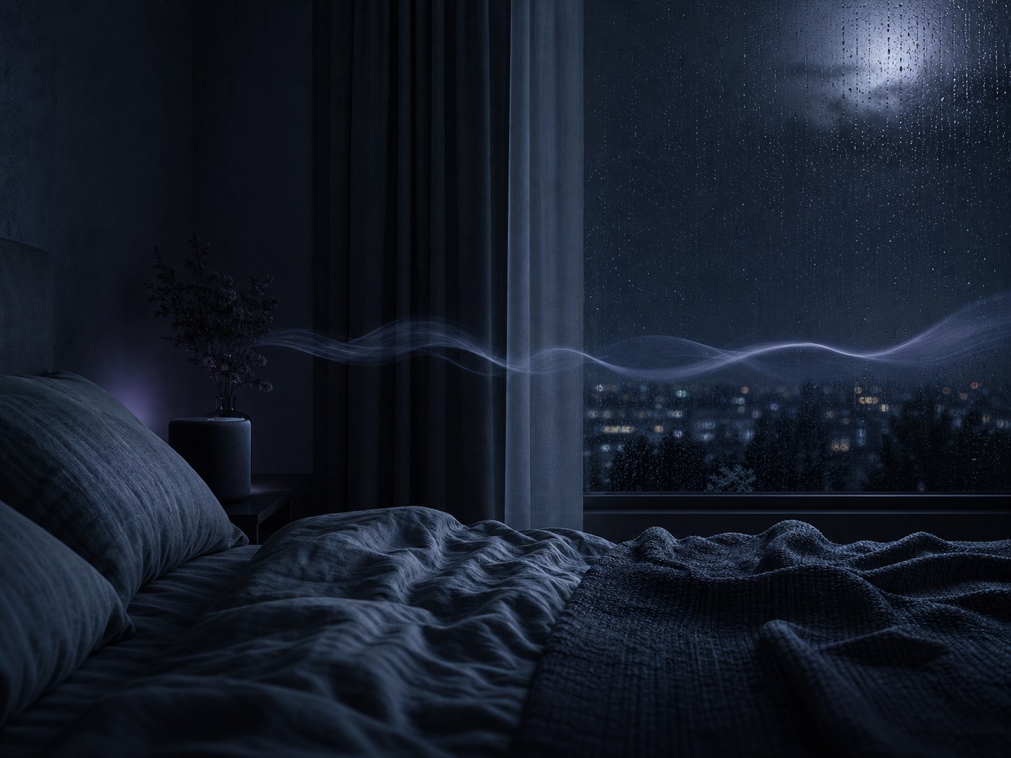 A moonlit bedroom with rain on the window and a soft ambient sound ribbon above the bed