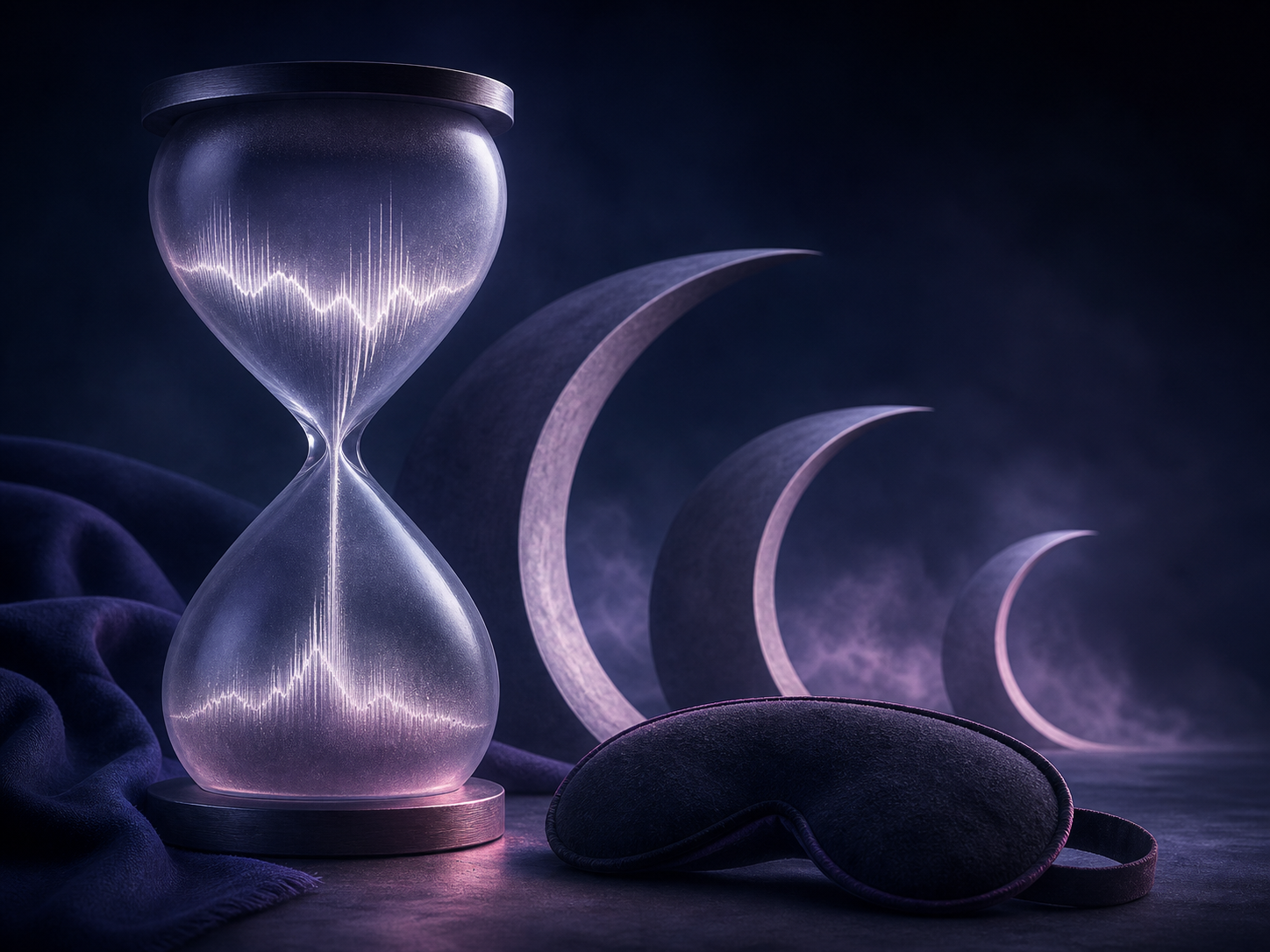 A frosted hourglass filled with an audio waveform beside three crescent arcs and a sleep mask