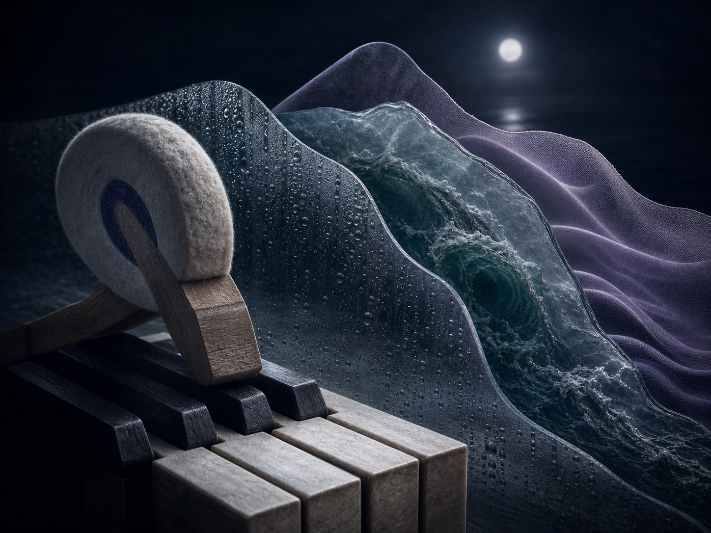 A felt piano hammer blending with layered rain glass, ocean water, and a lavender sound wave