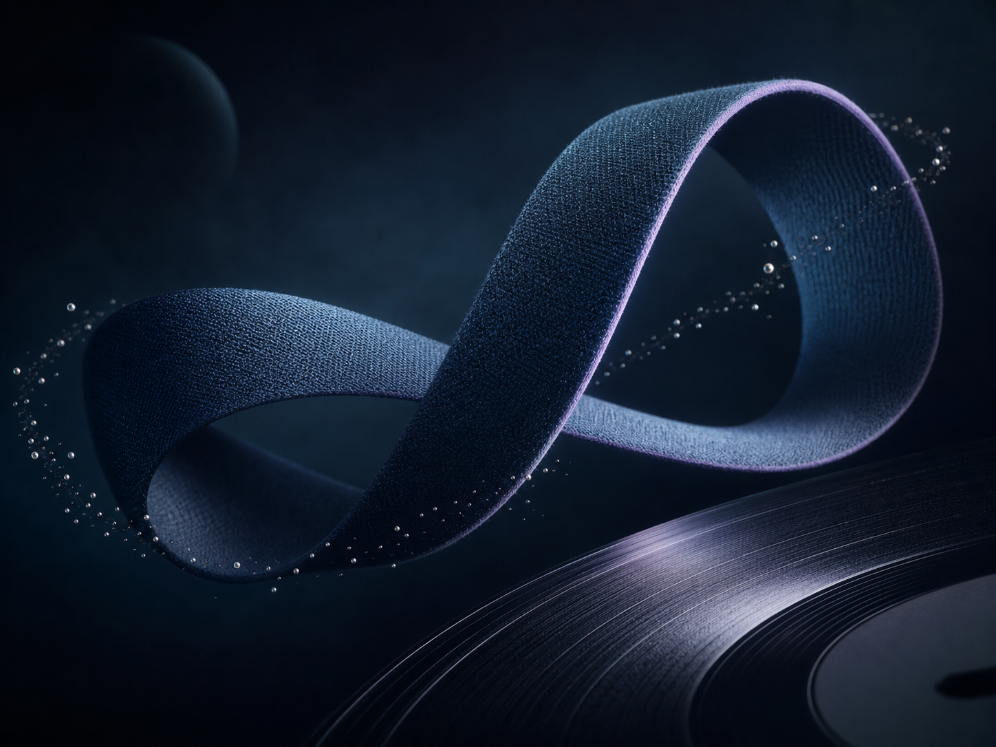 A continuous woven audio ribbon looping smoothly above dark vinyl grooves