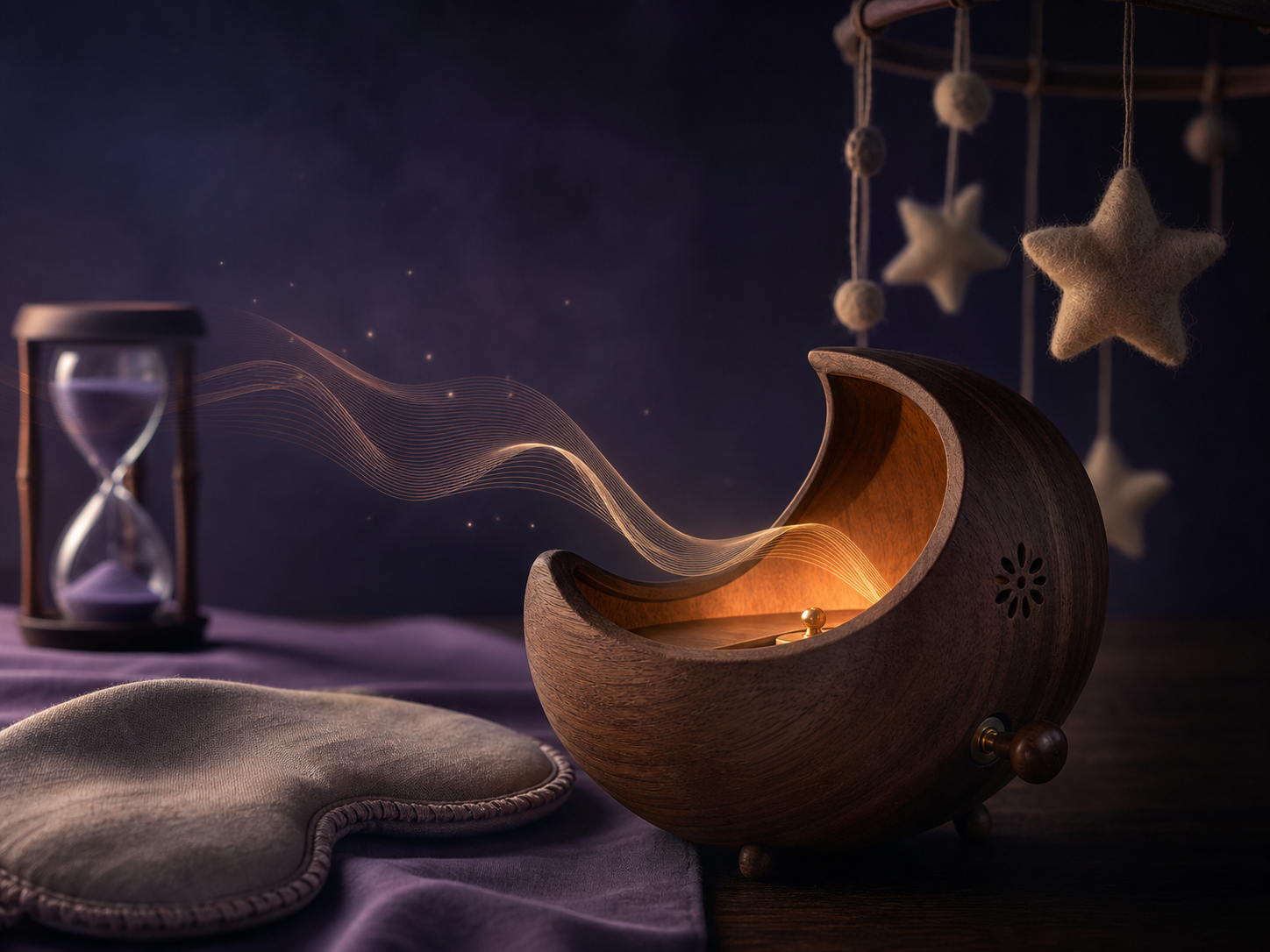 A wooden crescent music box with a sleep mask, hourglass, and gentle lullaby sound ribbon