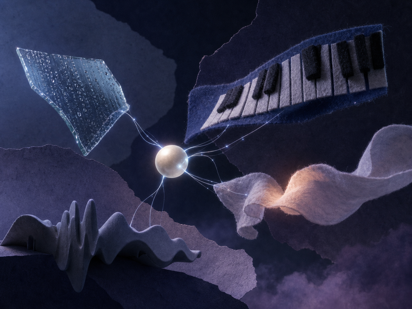 A glowing creative seed connecting felt piano, rain glass, fabric, and ambient waveform textures