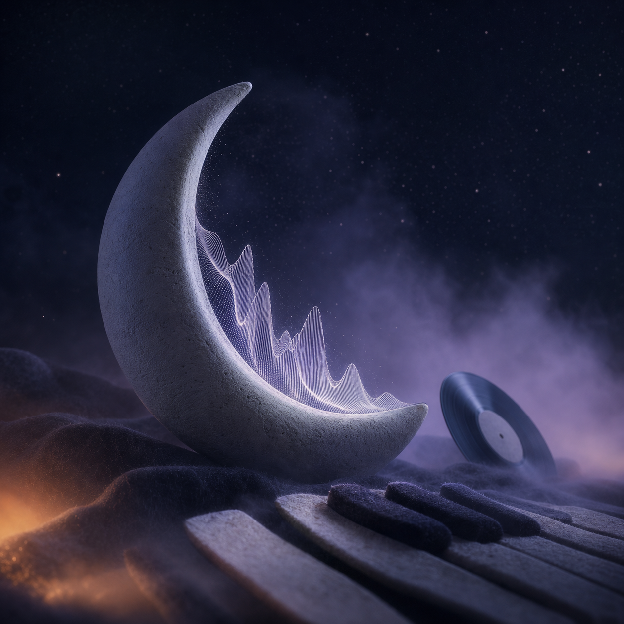 A ceramic crescent moon holding a soft audio waveform above felt piano keys and a vinyl record