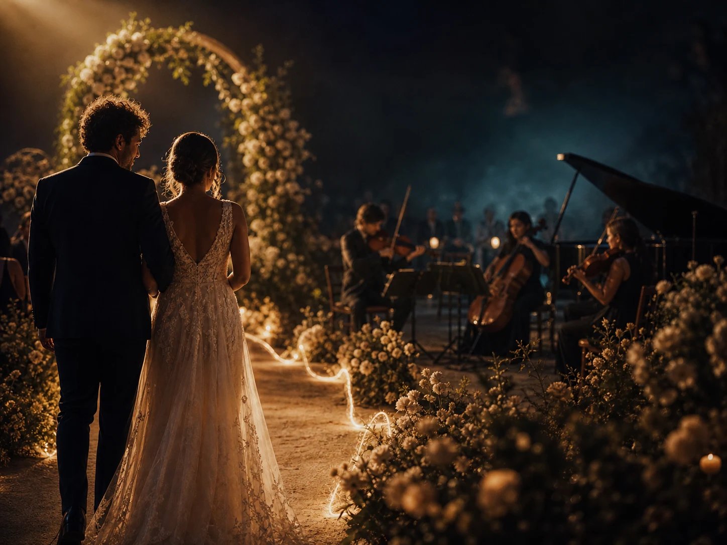 Newlyweds walking down a candlelit ceremony aisle toward a string quartet and grand piano