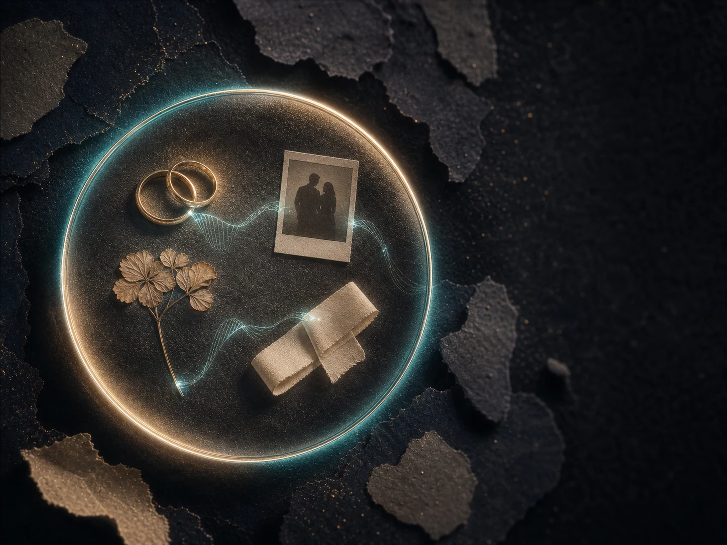 Wedding rings, a couple photo, flower, and promise ribbon sealed inside a glowing glass boundary