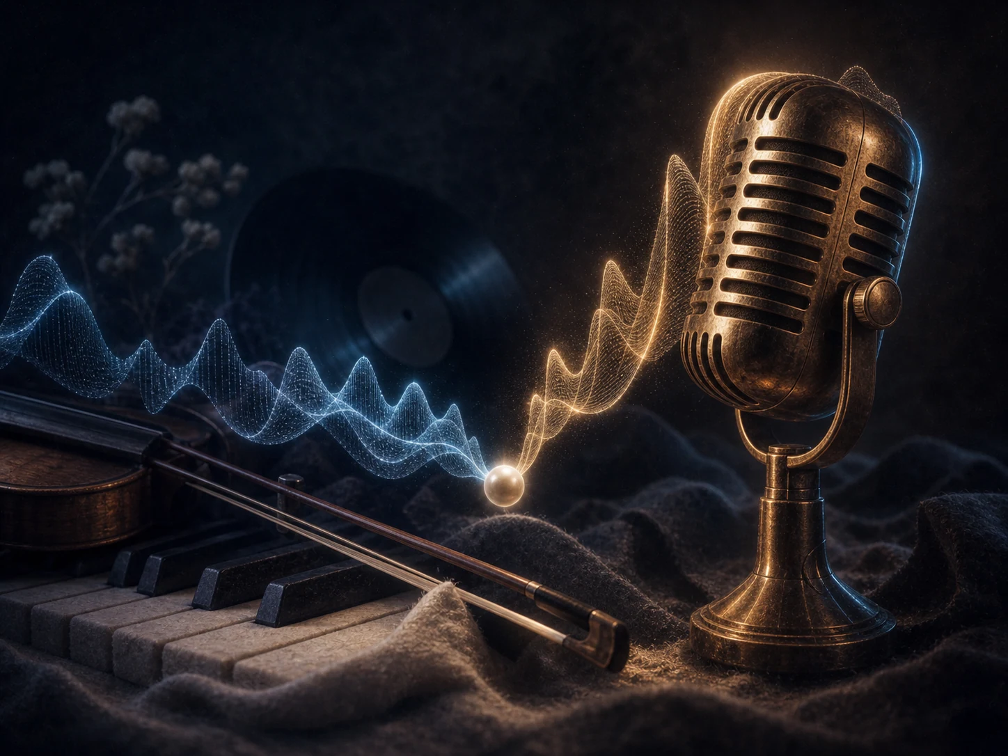 Gold microphone, piano, and violin connected by separate vocal and instrumental audio waveforms