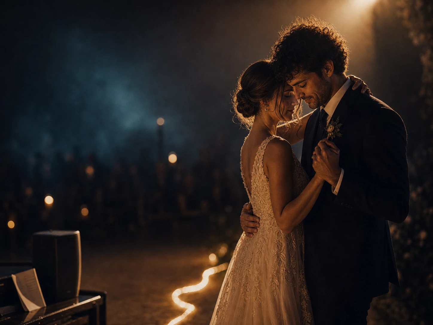 Newlyweds sharing an intimate first dance beside a speaker and folded lyric note
