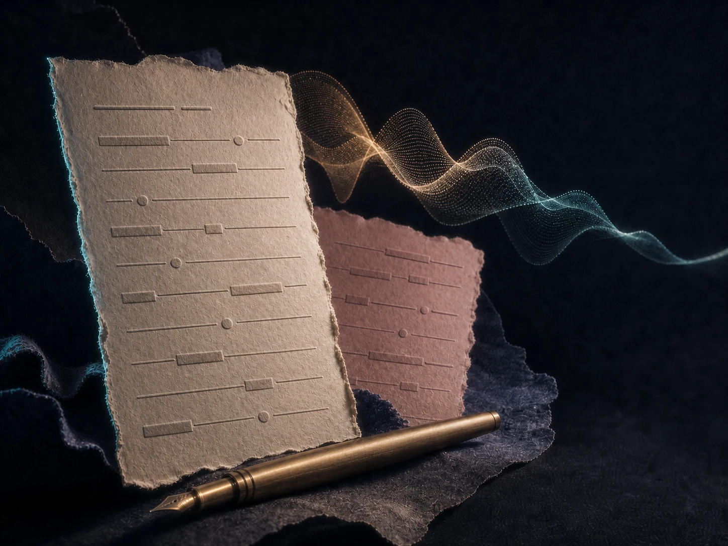 Two torn-paper wedding lyric drafts with different embossed structures and converging audio waveforms