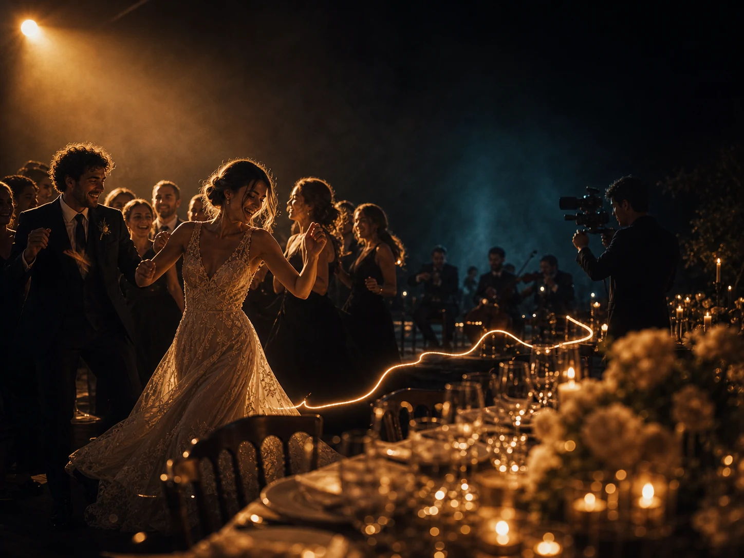 Newlyweds dancing beside a candlelit reception table while a videographer records the celebration