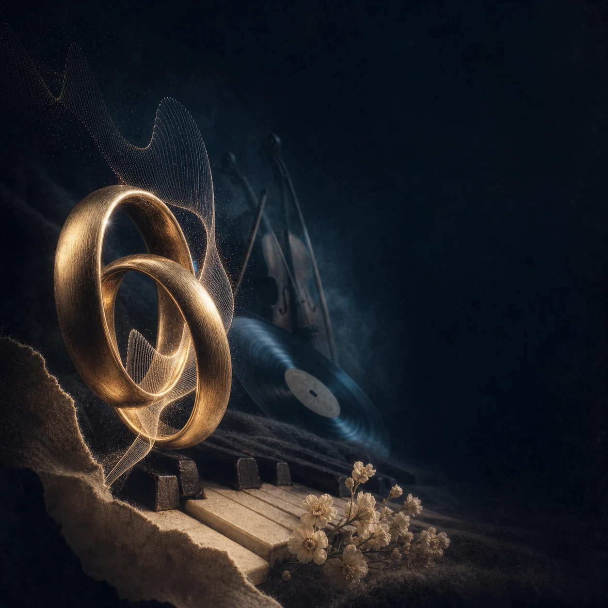 Intertwined gold wedding rings with an audio waveform, piano keys, flowers, and a vinyl record