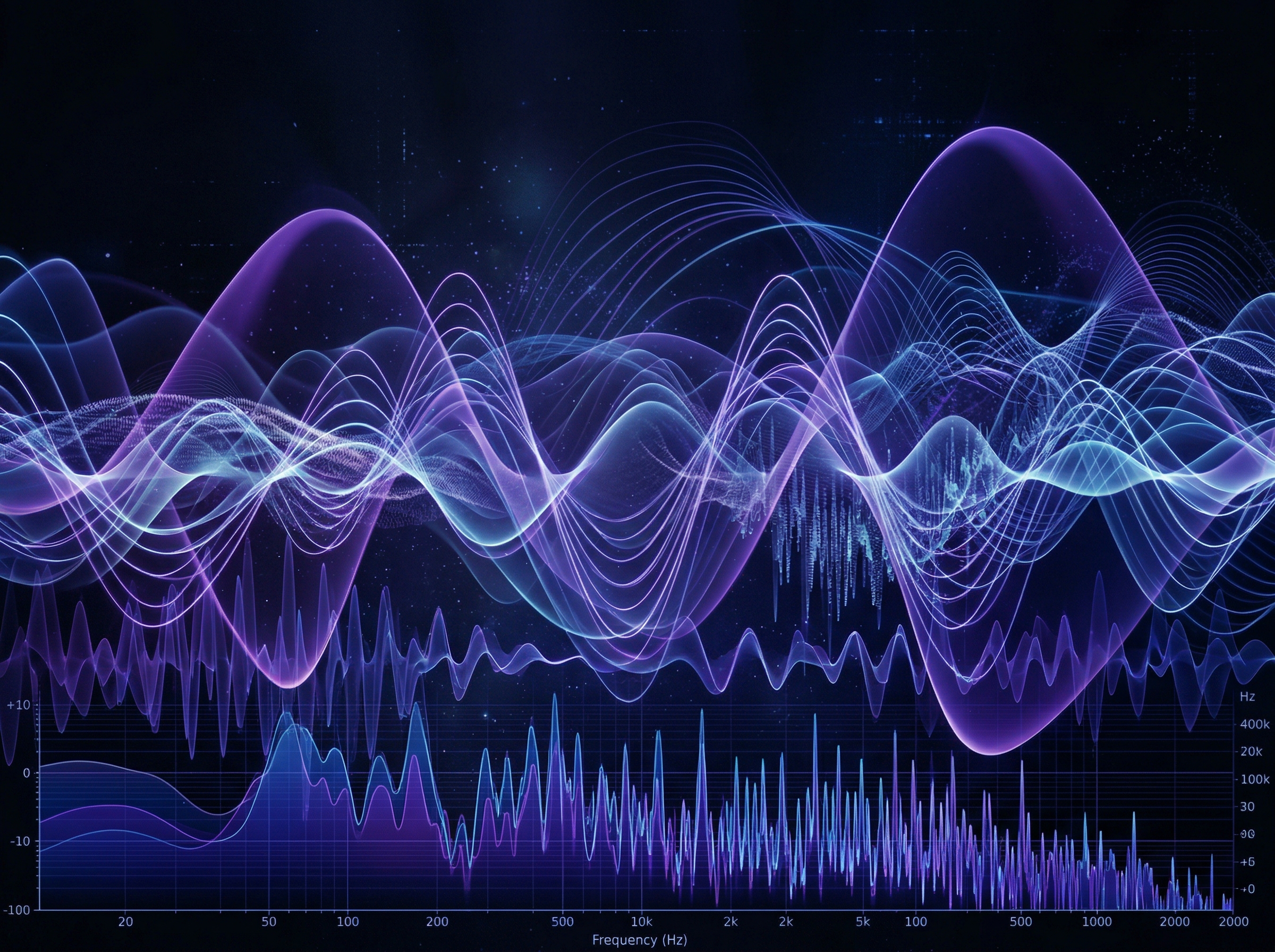 Abstract visualization of layered sound waves and frequency spectrums representing atmospheric ambient composition