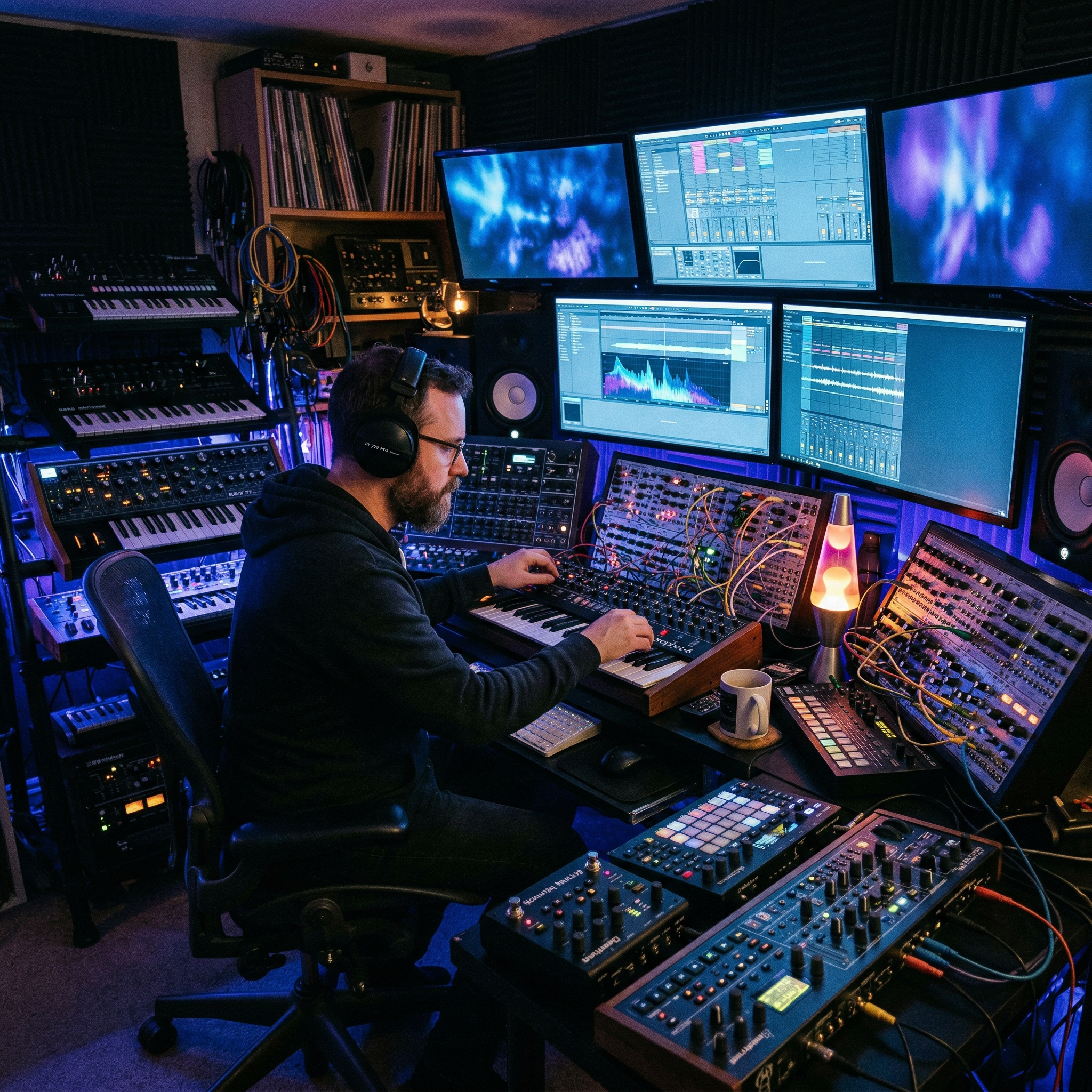 Ambient music producer surrounded by synthesizers creating atmospheric soundscapes in a dimly lit studio