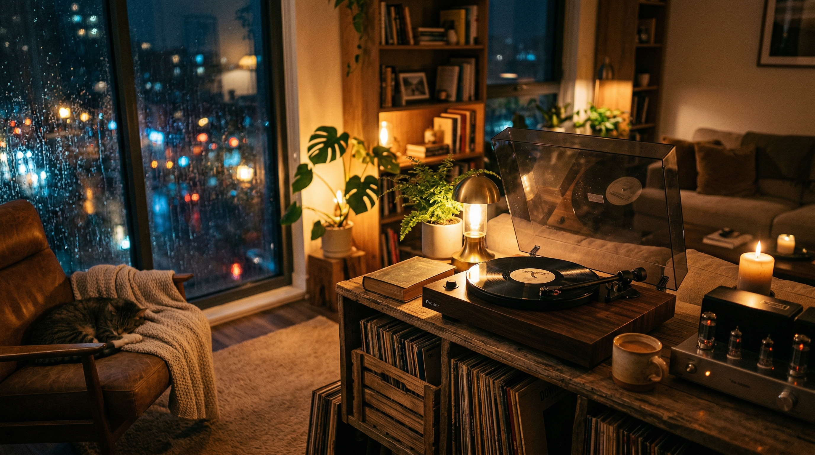 Cozy evening scene with warm ambient lighting, vinyl player, and rain on the window creating a chillout atmosphere