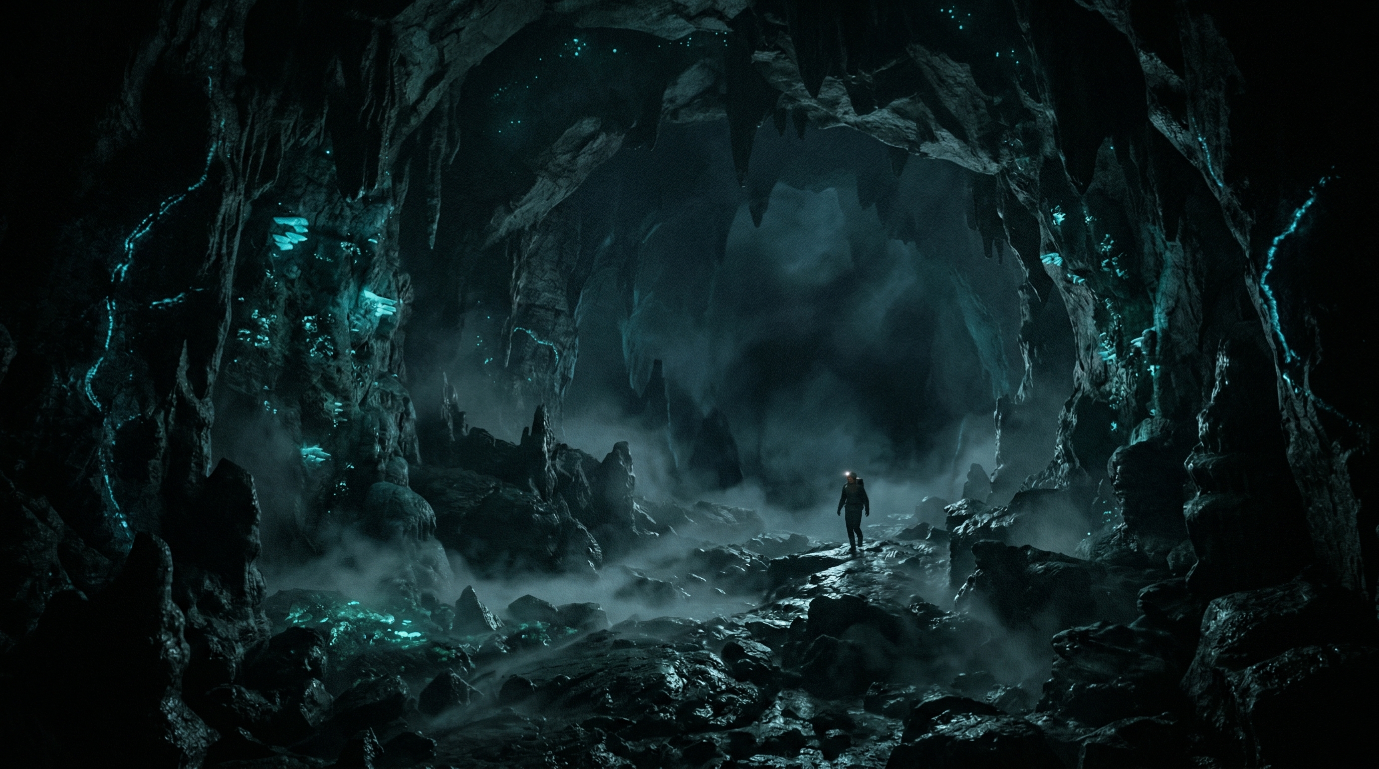 Dark cavernous underground space with faint blue light and misty atmosphere evoking dark ambient music