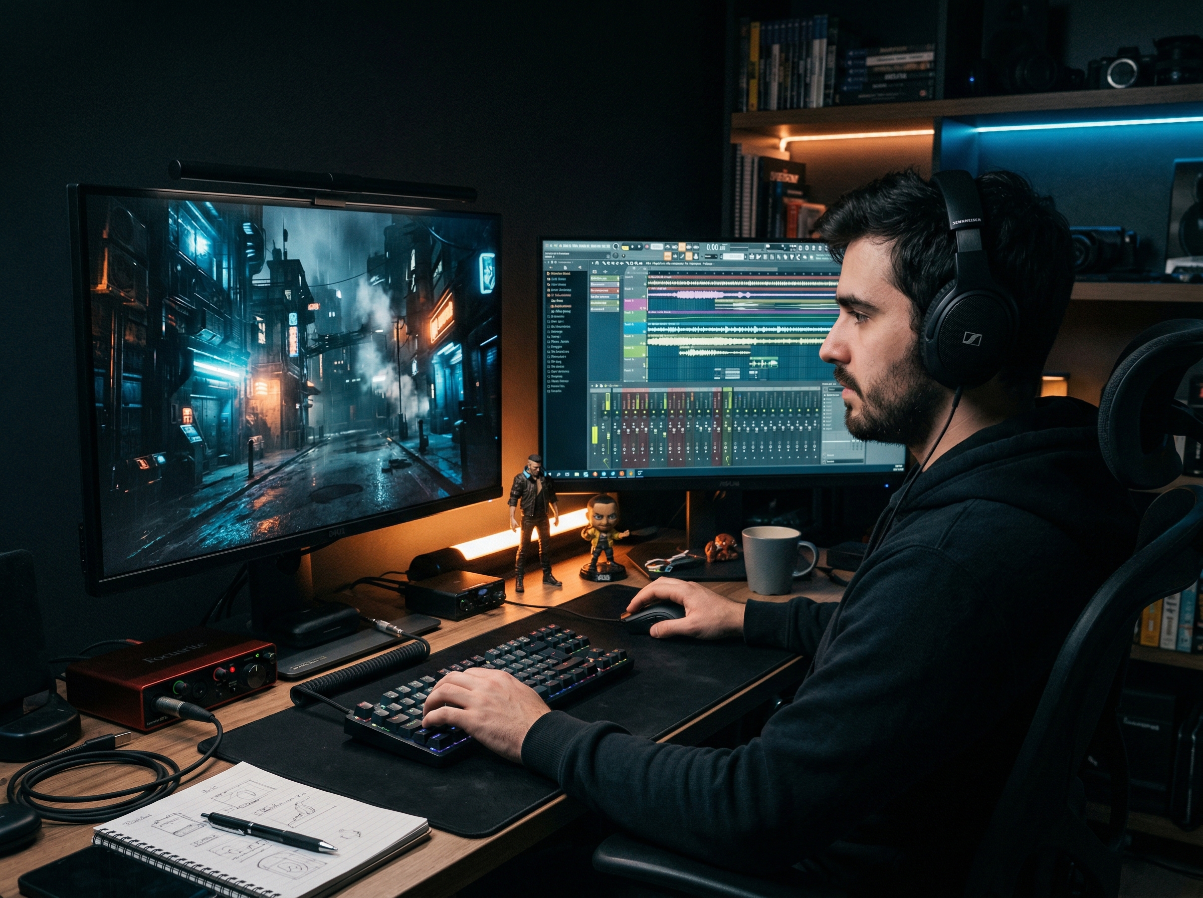 Game developer working on atmospheric level design with waveform visualization and ambient soundtrack playing